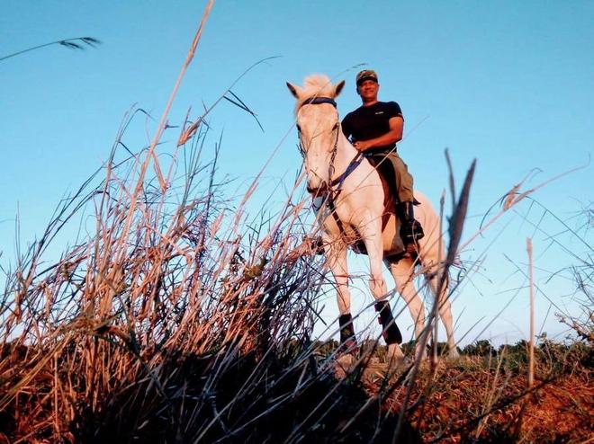 White horse standing calmly in natural grassland at Vonfidel Ranch in Sri Lanka