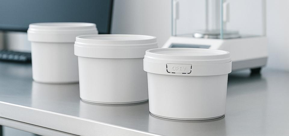Белые ведёрки с крышками рядом с весами
