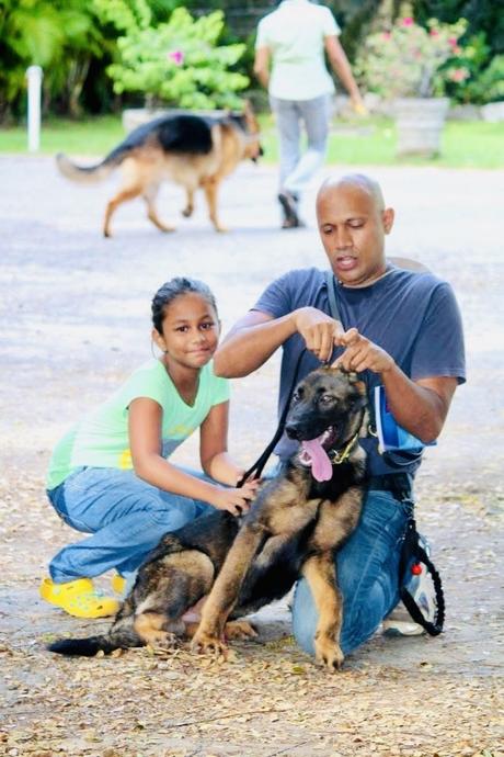 Man and child kneeling beside a German Shepherd outdoors