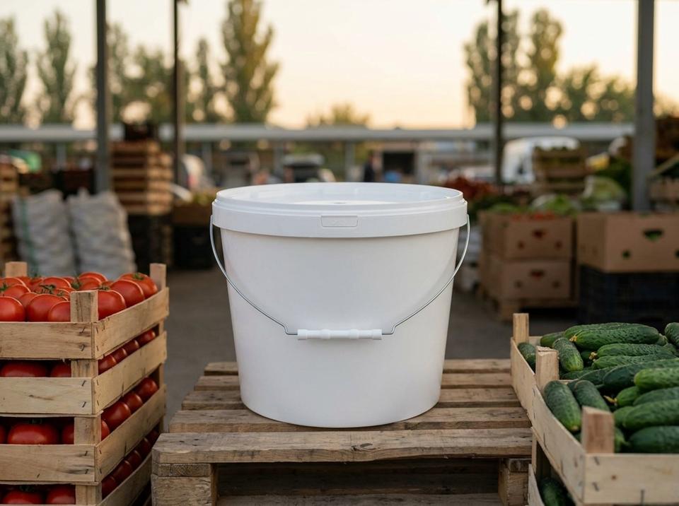 Белое пластиковое ведро 11,5 литра с металлической дужкой и крышкой на оптовом овощном рынке в Шымкенте рядом с ящиками помидоров