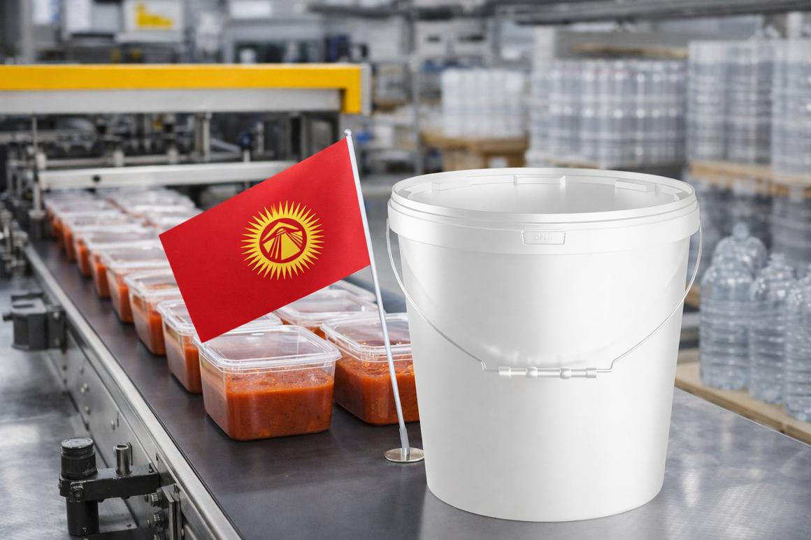 Пластиковое ведро на линии фасовки продукта в Кыргызстане