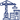  A dark blue outline icon showing a crane lifting a load over two buildings.