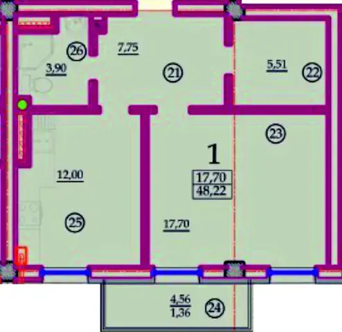 Планировка 1-комнатной квартиры в ЖК Вентимилья