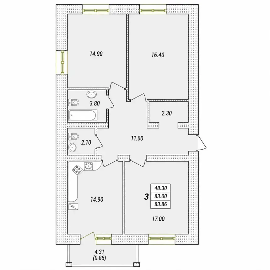 Планировка 3-комнатной квартиры 91–97 м² в ЖК Парк Совиньон