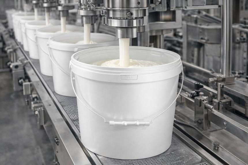 Вёдра на линии розлива молочного продукта