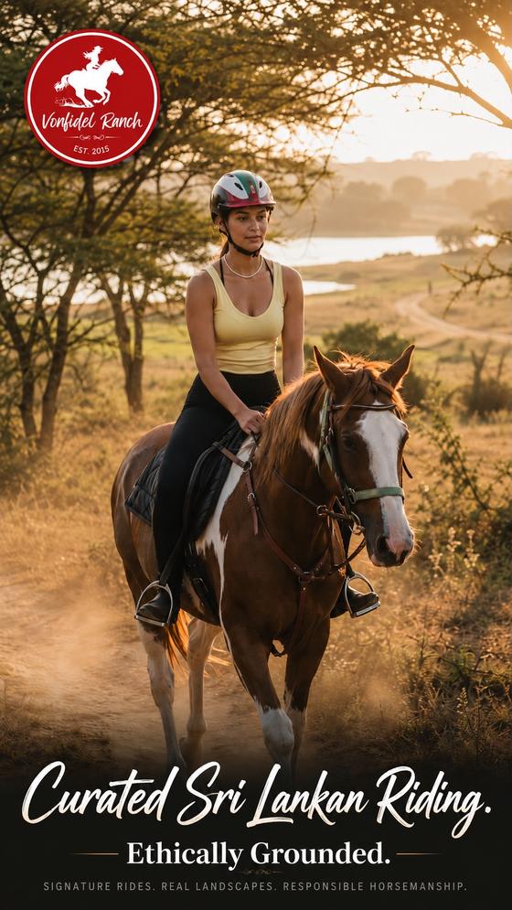 Curated Sri Lankan riding at Vonfidel Ranch with a rider on horseback in golden light
