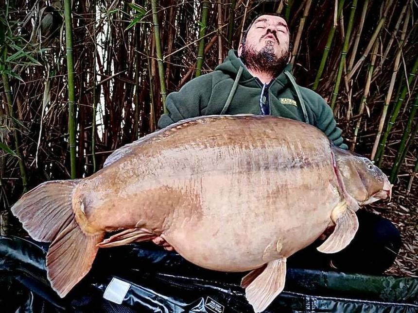 Nicola Luna with a 31.9 kg (70.39 lb) carp on Katran Comodo chain-core leader